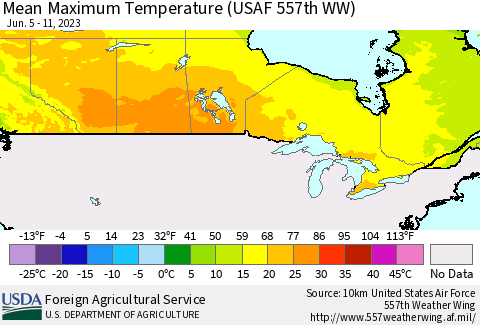 Canada Mean Maximum Temperature (USAF 557th WW) Thematic Map For 6/5/2023 - 6/11/2023