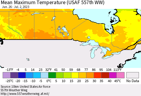 Canada Mean Maximum Temperature (USAF 557th WW) Thematic Map For 6/26/2023 - 7/2/2023