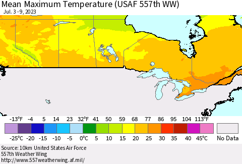 Canada Mean Maximum Temperature (USAF 557th WW) Thematic Map For 7/3/2023 - 7/9/2023