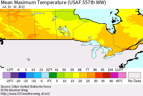 Canada Mean Maximum Temperature (USAF 557th WW) Thematic Map For 7/10/2023 - 7/16/2023