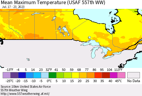 Canada Mean Maximum Temperature (USAF 557th WW) Thematic Map For 7/17/2023 - 7/23/2023