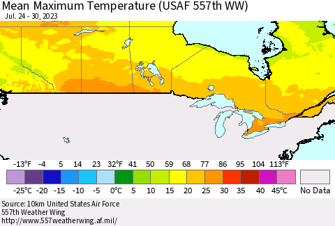Canada Mean Maximum Temperature (USAF 557th WW) Thematic Map For 7/24/2023 - 7/30/2023