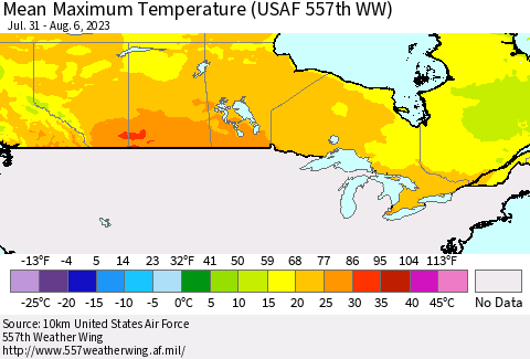Canada Mean Maximum Temperature (USAF 557th WW) Thematic Map For 7/31/2023 - 8/6/2023