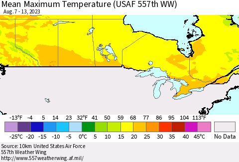 Canada Mean Maximum Temperature (USAF 557th WW) Thematic Map For 8/7/2023 - 8/13/2023