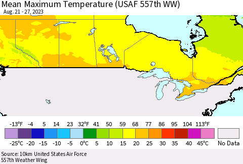 Canada Mean Maximum Temperature (USAF 557th WW) Thematic Map For 8/21/2023 - 8/27/2023