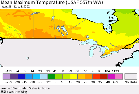 Canada Mean Maximum Temperature (USAF 557th WW) Thematic Map For 8/28/2023 - 9/3/2023