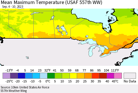 Canada Mean Maximum Temperature (USAF 557th WW) Thematic Map For 9/4/2023 - 9/10/2023