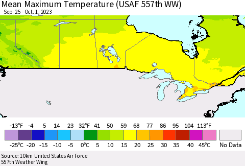 Canada Mean Maximum Temperature (USAF 557th WW) Thematic Map For 9/25/2023 - 10/1/2023
