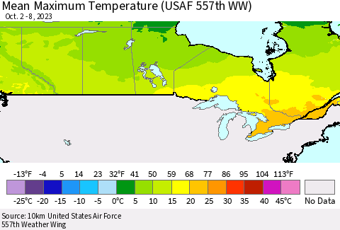 Canada Mean Maximum Temperature (USAF 557th WW) Thematic Map For 10/2/2023 - 10/8/2023