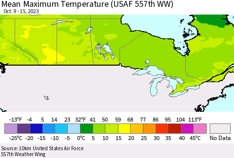 Canada Mean Maximum Temperature (USAF 557th WW) Thematic Map For 10/9/2023 - 10/15/2023