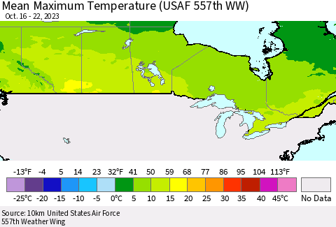 Canada Mean Maximum Temperature (USAF 557th WW) Thematic Map For 10/16/2023 - 10/22/2023