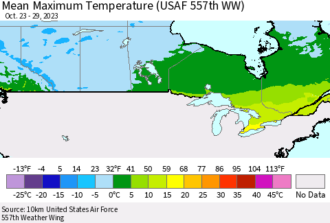 Canada Mean Maximum Temperature (USAF 557th WW) Thematic Map For 10/23/2023 - 10/29/2023