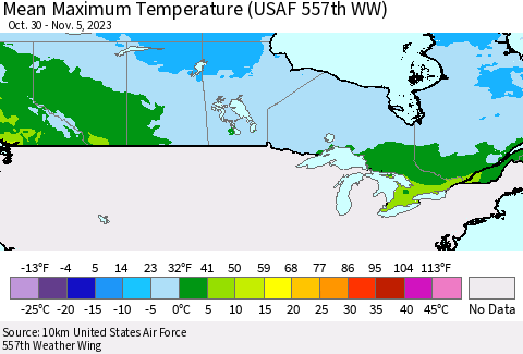 Canada Mean Maximum Temperature (USAF 557th WW) Thematic Map For 10/30/2023 - 11/5/2023