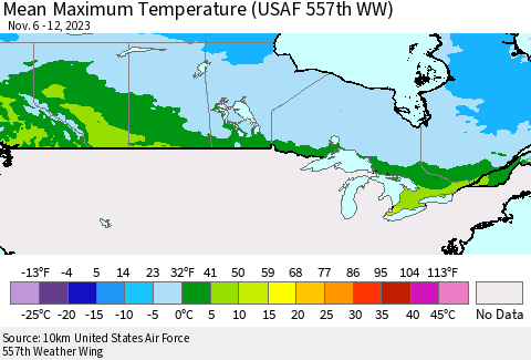 Canada Mean Maximum Temperature (USAF 557th WW) Thematic Map For 11/6/2023 - 11/12/2023
