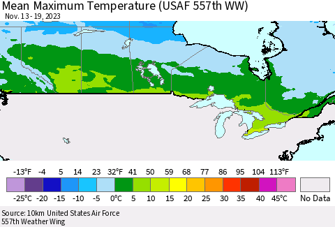 Canada Mean Maximum Temperature (USAF 557th WW) Thematic Map For 11/13/2023 - 11/19/2023