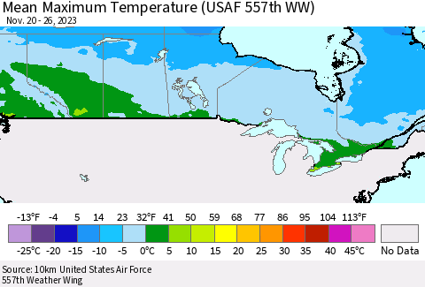 Canada Mean Maximum Temperature (USAF 557th WW) Thematic Map For 11/20/2023 - 11/26/2023