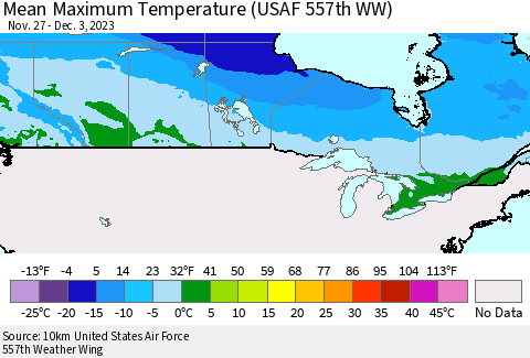 Canada Mean Maximum Temperature (USAF 557th WW) Thematic Map For 11/27/2023 - 12/3/2023