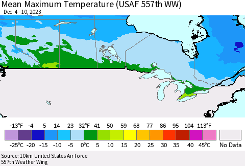 Canada Mean Maximum Temperature (USAF 557th WW) Thematic Map For 12/4/2023 - 12/10/2023