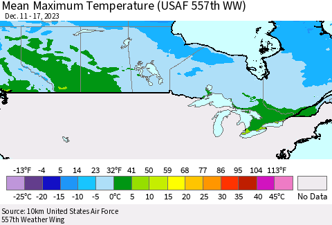 Canada Mean Maximum Temperature (USAF 557th WW) Thematic Map For 12/11/2023 - 12/17/2023