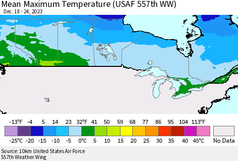 Canada Mean Maximum Temperature (USAF 557th WW) Thematic Map For 12/18/2023 - 12/24/2023
