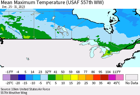 Canada Mean Maximum Temperature (USAF 557th WW) Thematic Map For 12/25/2023 - 12/31/2023