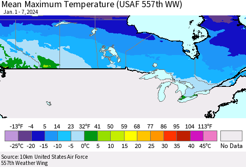 Canada Mean Maximum Temperature (USAF 557th WW) Thematic Map For 1/1/2024 - 1/7/2024