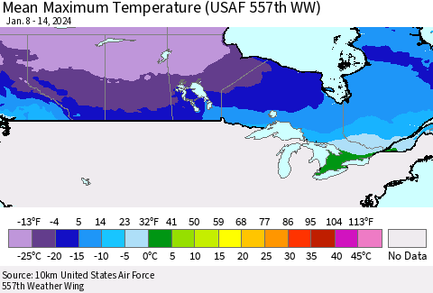 Canada Mean Maximum Temperature (USAF 557th WW) Thematic Map For 1/8/2024 - 1/14/2024
