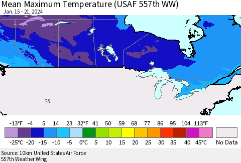 Canada Mean Maximum Temperature (USAF 557th WW) Thematic Map For 1/15/2024 - 1/21/2024