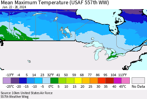 Canada Mean Maximum Temperature (USAF 557th WW) Thematic Map For 1/22/2024 - 1/28/2024