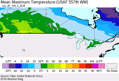 Canada Mean Maximum Temperature (USAF 557th WW) Thematic Map For 1/29/2024 - 2/4/2024