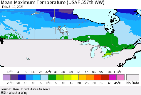Canada Mean Maximum Temperature (USAF 557th WW) Thematic Map For 2/5/2024 - 2/11/2024