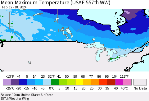 Canada Mean Maximum Temperature (USAF 557th WW) Thematic Map For 2/12/2024 - 2/18/2024