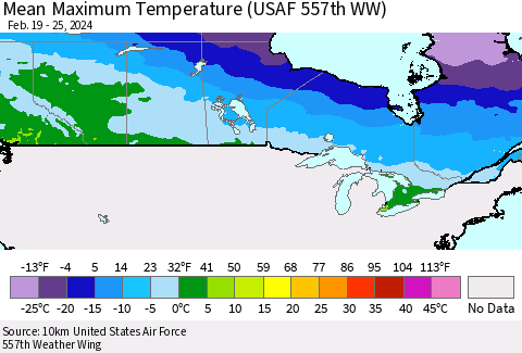 Canada Mean Maximum Temperature (USAF 557th WW) Thematic Map For 2/19/2024 - 2/25/2024
