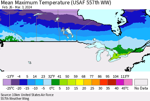 Canada Mean Maximum Temperature (USAF 557th WW) Thematic Map For 2/26/2024 - 3/3/2024