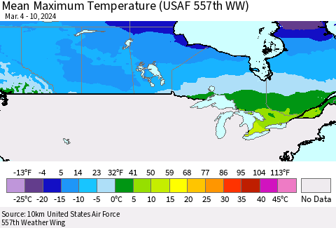 Canada Mean Maximum Temperature (USAF 557th WW) Thematic Map For 3/4/2024 - 3/10/2024