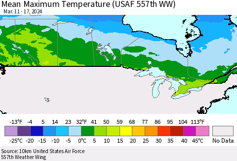 Canada Mean Maximum Temperature (USAF 557th WW) Thematic Map For 3/11/2024 - 3/17/2024