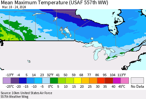 Canada Mean Maximum Temperature (USAF 557th WW) Thematic Map For 3/18/2024 - 3/24/2024
