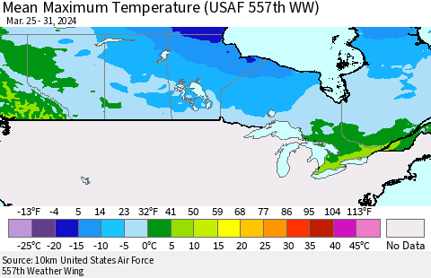 Canada Mean Maximum Temperature (USAF 557th WW) Thematic Map For 3/25/2024 - 3/31/2024