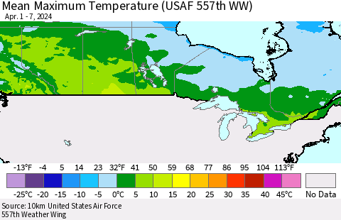 Canada Mean Maximum Temperature (USAF 557th WW) Thematic Map For 4/1/2024 - 4/7/2024