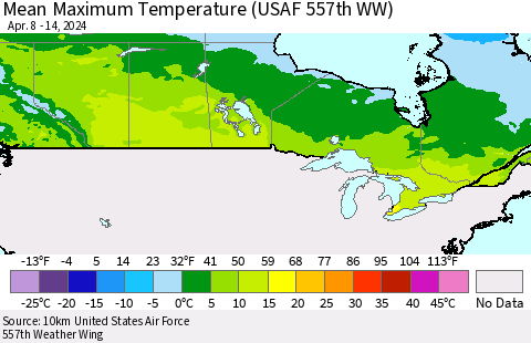 Canada Mean Maximum Temperature (USAF 557th WW) Thematic Map For 4/8/2024 - 4/14/2024