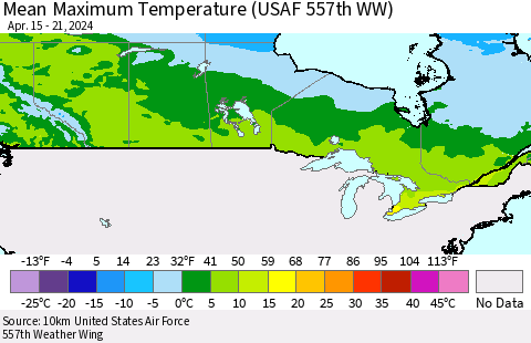 Canada Mean Maximum Temperature (USAF 557th WW) Thematic Map For 4/15/2024 - 4/21/2024