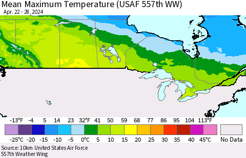 Canada Mean Maximum Temperature (USAF 557th WW) Thematic Map For 4/22/2024 - 4/28/2024