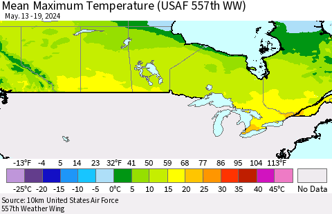Canada Mean Maximum Temperature (USAF 557th WW) Thematic Map For 5/13/2024 - 5/19/2024
