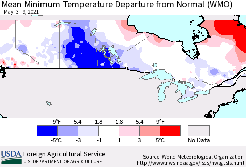 Canada Mean Minimum Temperature Departure from Normal (WMO) Thematic Map For 5/3/2021 - 5/9/2021