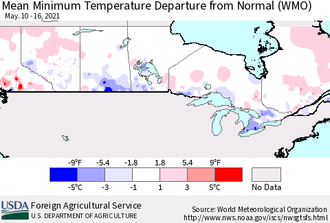 Canada Mean Minimum Temperature Departure from Normal (WMO) Thematic Map For 5/10/2021 - 5/16/2021