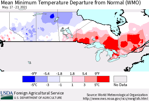 Canada Mean Minimum Temperature Departure from Normal (WMO) Thematic Map For 5/17/2021 - 5/23/2021