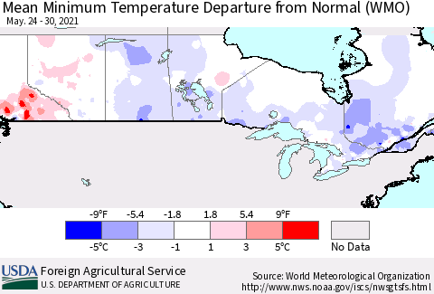 Canada Mean Minimum Temperature Departure from Normal (WMO) Thematic Map For 5/24/2021 - 5/30/2021