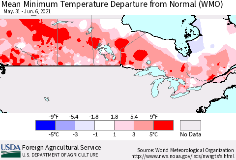 Canada Mean Minimum Temperature Departure from Normal (WMO) Thematic Map For 5/31/2021 - 6/6/2021