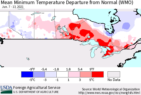 Canada Mean Minimum Temperature Departure from Normal (WMO) Thematic Map For 6/7/2021 - 6/13/2021