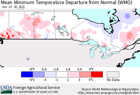 Canada Mean Minimum Temperature Departure from Normal (WMO) Thematic Map For 6/14/2021 - 6/20/2021